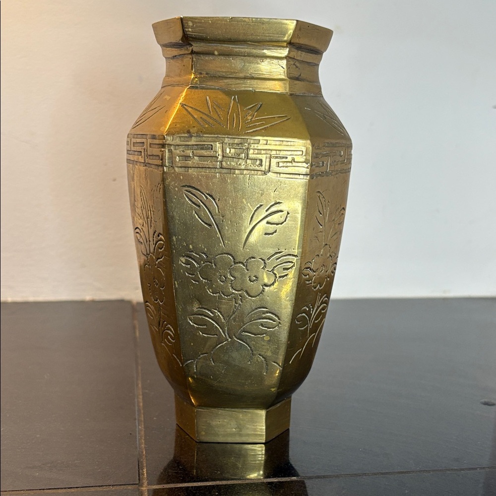 Antique Hexagonal Vase Intricately Etched Brass with Floral Motifs